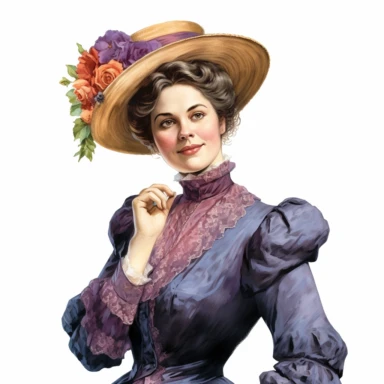 Victorian characterlady looking innocent, vintage clipart, in vibrant colors, isolated white background, 8k