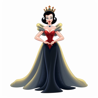 FULL-BODY PERSPECTIVE OF A 2D DISNEY CLIPART ILLUSTRATION OF A BEAUTIFUL AND BENEVOLENT QUEEN, WHITE BACKGROUND, STYLE OF DISNEY'S 1937 MOVIE SNOW WHITE, WHITE BACKGROUND