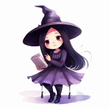 Mona the little witch, a little witch character, reading a witch's grimoire, watercolor children's book illustration style clipart, simple, cute, full colour, purple witch hat, dark purplish hooded dress, black shoes, dark purplish clothes, long black hair, flat colour,