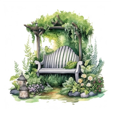 Highly detailed watercolor clipart, Garden bench nestled in a peaceful corner, flowers, fantasy, highly detailed, fantasy cartoon illustration, greenery, whimsical, UHD, 8K, 3D, solid white background