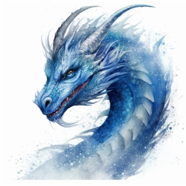 stuningly beautifull dangerous expressive looking shimmering electric blue wind dragon WITH HIGH DETAILED EYES with a fixing stare head an curved long neck looking in the camera with wind howling around its body , shimmering dust , magical glow, clipart, fantasy clipart watercolor fairytale dragon art watercolor art in front of a hills highly detailed uplight 8k in front of white background , WHITE BACKGROUND