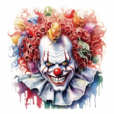A sinister portrait of a deranged clown, its face painted with a twisted smile, its eyes filled with madness and malice, capturing the essence of a true nightmare. Clipart, watercolor, white background, intricate detail.