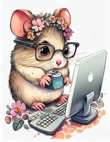 detailed watercolor kawaii mouse with eyeglasses using the computer, facing front, isolated on a white background, clipart