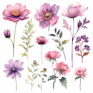 Stunning CLIPART watercolor artworks of flowers and plants, delicate flowers and plants with FEW details, light and minimalistic style, focus on the delicate beauty of each individual flower or plant painted with a loose watercolor technique, prominent watercolor style, emphasize the delicate and intricate watercolor technique, Light airy hues and pastel tones, softness of the flowers and plants, keep the overall design minimalistic, highlight the unique features of each flower or plant WITHOUT 