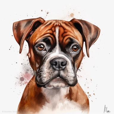 cute Mahogany Boxer dog portrait, full face, centered shot, side shot, dynamically posed, in action, playful mood, happy mood, playing mood, cute face, adorable smile, childlike eyes, clean watercolor illustration, white background, nursery baby imagery, painting, detailed, 8k, PNG, clipart,
