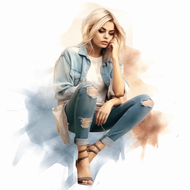 glamour model posing, blonde hair ripped jeans, watercolour style 8k clipart png transparent