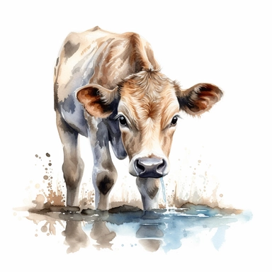 A clipart watercolor of an adorable newborn baby cow drinking water on a farm, hyper - realistic cow, realistic animal illustration, illustration by zowiemnzad, in the style of uhd image, depictions of realistic animals, farm aesthetics, 8k, hyper - detailed, ink on canvas, digitally enhanced, clean white background