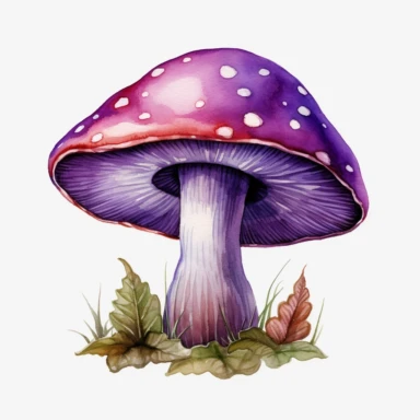 watercolor clipart of a purple magical mushroom, vibrant, high quality, detailed, soft colors, flat white background