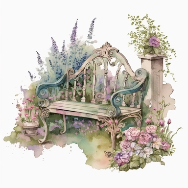 antique whimsical bench in the beautiful french summer garden with flowers, Sublimation graphics, watercolor clipart, pastel colors, single design, print on demand image, PNG transparent background