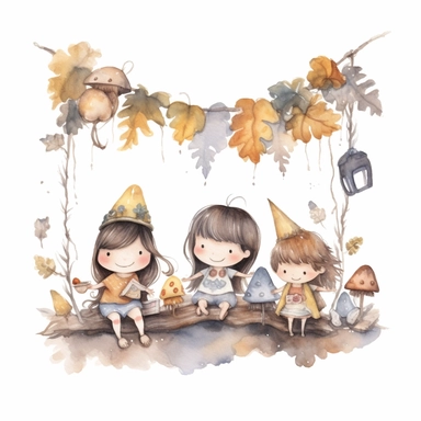 Create a delightful clip art scene featuring a white background with a watercolor grey and light brown hanging banner of leaves and flowers. Sitting on the ground is a group of fairies, having a party and smiling. The scene is filled with mushrooms, flowers and grey leaves, rendered in a gentle watercolor style that evokes a sense of whimsy and childlike wonder. The overall effect is one of joy and happiness, perfect for use in a nursery.