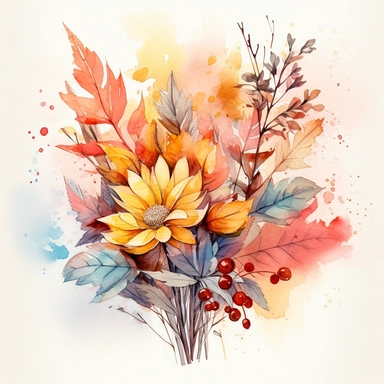 Watercolour, pastel, autumn, boho, bokeh, floral bunch, leaf, bloomcore, clipart