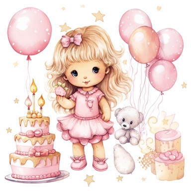 Clipart image, baby girl birthday party, clothes for princess, mix of poses and expressions, cakes, balloon, bear plushies, space out, cute, little princess, white pink inspired, white background