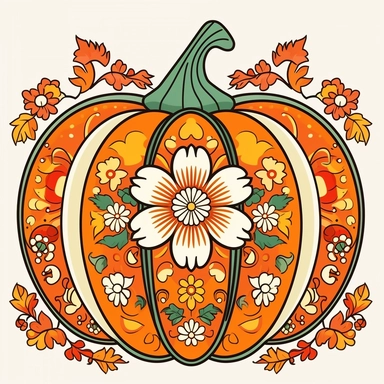 Design a pumpkin clipart inspired by folk art and folklore, where each section depicts a different cultural pattern associated with the autumn season. Explore patterns like paisley, rosemaling, or geometric motifs that symbolize harvest traditions and folklore from different regions.