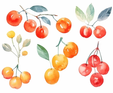 watercolor Cornelian cherry fruits clipart, flat style, no volume, few details, washed out, minimalistic style, very lose details, very light colors, transparent colors, light airy hues and pastel tones, spaced out, white background, washed out colors and paint, hand-painted watercolor, watercolor spray, watercolor splash, splatters and paint smudges on top of each Cornelian cherry, watercolor paper with visible rough paper texture, a variety of watercolor brushes, do not cross workspace borders