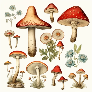 Clipart, vintage, watercolor, Charles Darwin, fungi, chromista, plantae, morfologia floral, hand drawn, texture