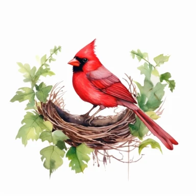 red cardinal bird with nest, clipart, minimalism, watercolor, green leaves