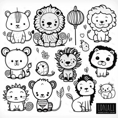 cute lion 2D clip art doodles, line art, black and white