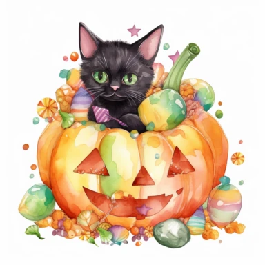 hand drawn large Halloween pumpkin, pumpkin is filled with colorful wrapped candies, lollipops, and candy corn, inside the pumpkin is a cute little black kitten with big green eyes, scattered candy is laying flat around the pumpkin, Halloween colors, magic, fantasy, watercolor, clipart style, white background with margins