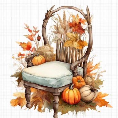 watercolor mixed media masterpiece kitchen beautiful white rustic chair, richly decorated with pumpkins, gourds, and Indian corn, field, landscape, provence, golden accents, shabby shic style, by Vladimir Kush style and by Daniel Ridgway Knight style and by Nicholas Hely Hutchinson style and by Andrew Wyeth style, Baroque style, PNG clipart, isolated on white, extreme photorealistic details, 32k HD resolution, realistic high detailization high resolution, white background, isolated image,