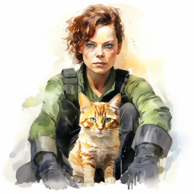 Sigourney Weaver like Ripley with Jonesy ginger cat, full length, character from movie Alien, watercolor painting, cinematic lighting, clipart, white background