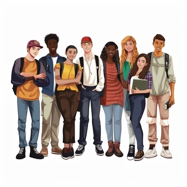 Diverse school group: realistic Illustration of teenage students from different ethnicities and cultures together, representing diverse educational environments. clipart, isolated on white background, 4K