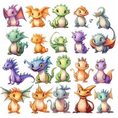 clip art of dragons, cartoon style, harry potter, white background