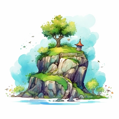 Create One clipart inspired by rocks on hill: The clipart exudes a cozy ambiance, with a sense of warmth and tranquility. , discovering its secrets and.cozzy watercolor style. in 4K. so it can be used in fantasy books. beautifull coloring