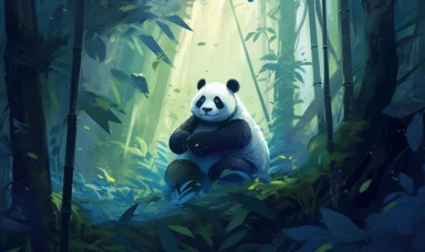 a panda in jungle trees in an animated clip, in the style of folk-inspired illustrations, dark indigo and green, the center of the picture is Baby blue,interactive exhibits, flat form, 2d game art, children's book illustrations, scientific illustrations, oil painting, minimal,