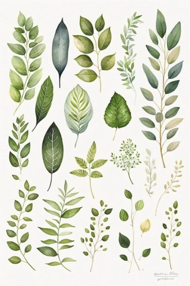 Watercolor clipart set with white background, branch cute leaves, cute and adorable, flat design, clearly defined separated image, light olive green color, high quality