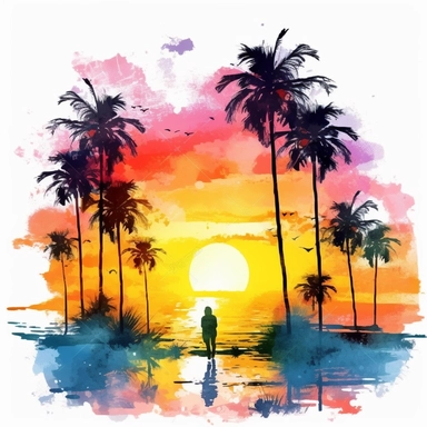 Sunset Clipart in watercolor, Palm Tree Beach, birds, man on beach, hd, color-splashed, masterpiece, close to perfection, rich colors, hyper realistic, white backgraound, 8k v 5.1 ar 16:9 s 300