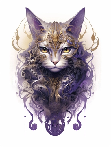A cat portrait in a gold dress with ornate silver tattoo, in the style of black and lpurple, fractal patterns, mind - bending murals, zbrush, depictions of animals, distinctive noses, clipart png, photorealistic, watercolor, digital painting, WHITE BACKGROUND, fantasy style, realistic, painting, 8k, ultra details,