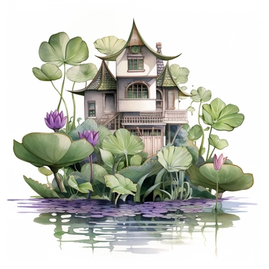 Lotus Lake House - From the Whimsical Botanical Dwellings collection, this watercolor clipart presents a serene lake house made from Orchid Elegance lotus flowers and Fern Green leaves. The design stands out from the white background, highlighting the intricate detailing and the rich contrast between the deep purple lotus flowers and the lush green leaves.