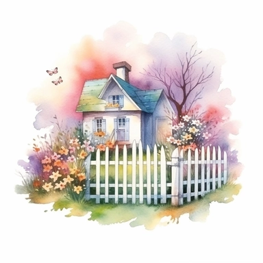 clipart, isolated on white background, beautiful cute Watercolor Spring Cottage - cute little house with fence and chimney, tree and flowers, ornated, pastel colors