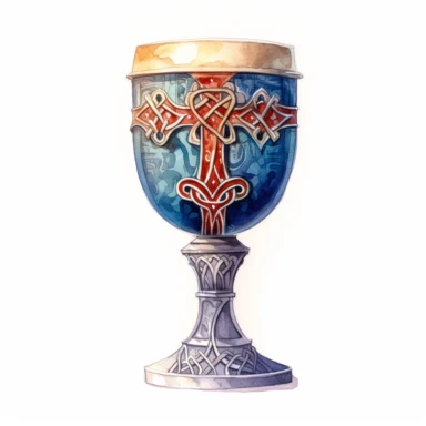 watercolor ,Medieval fantasy goblet with celtic motifs in the style of artgerm, greg rutkowski, trending on artstation, alphonse much, high quality, simple details, professional art, white background, clipart
