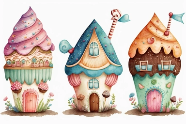Very cute and Whimsical cupcake houses, colorful, Watercolored illustration, clipart, white background