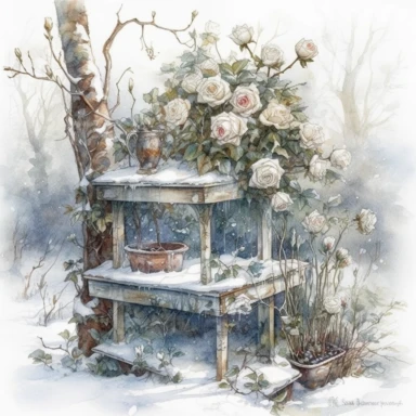 isolated on white illustration watercolor art of a little white shelf in the garden, overgrown with white and light pink roses and flowers, covered with snow and ice, pots with flowers, a lot of moss and branches, lace and embroidery, winter, snow, trees, masterpiece by Tomasz Alen Kopera style and by Carl Holsoe style and by James C. Christensen style and by Alexander Jansson style, PNG clipart, isolated on white, white background, extreme photorealistic details, 32k HD resolution, realistic hi