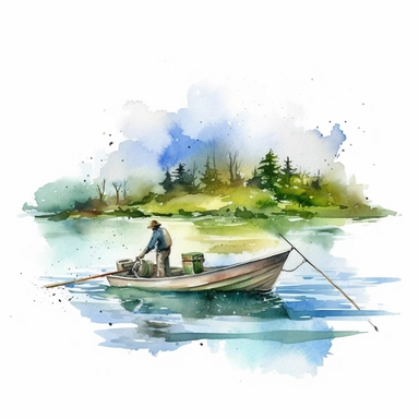 Bass Fishing from Boat on the Lake, watercolor Illustration clipart, 4K, extremely detailed