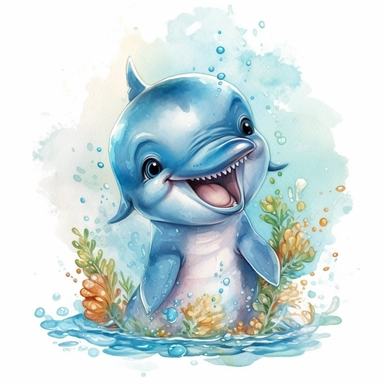 happy cute baby dolphin for kids playing with funny items, cartoon, highly detailed, watercolor, clipart, illustration, digital painting, paper crafting, no signature, no text