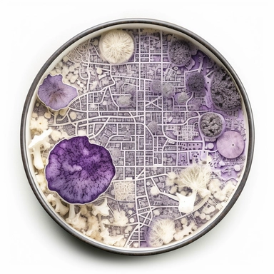top-down view of a round scientific culture dish containing a simple map of a city block made with white fungal mycelium threads for the roads, a few major landmarks are small purple mushrooms, clean white background, iconic, clipart style