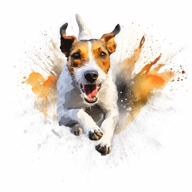 A vibrant artwork showcasing a Fox Terrier in action, leaping or running, with splashes of watercolor and a white background and watercolor clipart.