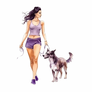 a watercolor sticker of an attractive woman in purple matching workout crop top set walking her dog. Clipart. Neutral beige faded color palette. White background. Artistic illustration. Hand-drawn.