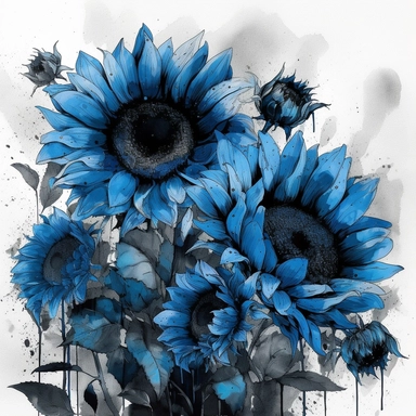 Behold a magnificent bouquet of blue sunflowers, their majestic petals dancing gracefully with hints of cerulean and azure hues. The contrast of their vibrant blue against the inky black centers captivates the eye and evokes a sense of wonder. With a whiteground in clipart