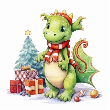 Christmas tree with toys, cute funny avocado green dragon, red cardigan, snow, winter, style by Lusy Fleming, folk art, watercolor, clipart elements, smooth gradients, black contour outline, ultra detailed, white background, super clear, high quality