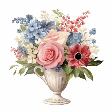 pastel red white blue color vintage wedding floral bouquet in a vase clipart