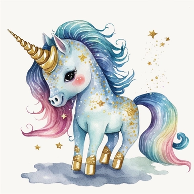 fantasy baby unicorn, clipart watercolor illustration, aquarallist, cute, big eyes, pretty blue, unicorncore, fairycore, free brushwork, watercolor, light and bright, four legs, gold horn, sparkle, skarklecore, detailed, isolated on a white background,