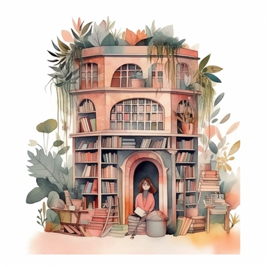 Bookstore,cute bookstor,muted colors,clipart on a white background, an illustration of by Annabel Kidston, shutterstock contest winner, generative art, detailed painting, digital illustration,photoillustration isolated on white background, digital watercolor,dark outline,high quality,8k