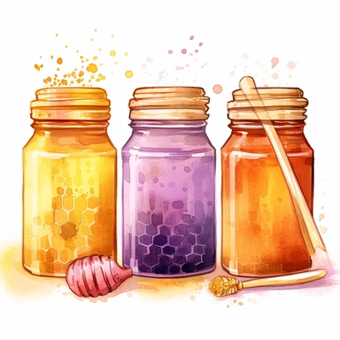 watercolor, A series of jars filled with different flavors of golden honey, such as lavender-infused or cinnamon-infused honey, each one displaying a unique color and flavor profile. (Digital drawing clipart, image black border color, full body, flat texture, transparent background)