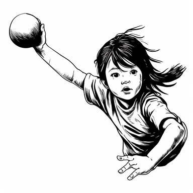 little Asian girl throwing a ball clipart simple bold lines black white coloring page style no background
