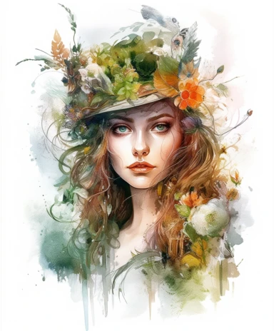 watercolor mixed media a portrait of a beautiful witch with bouquet of moss and fern and branches with summer flowers, masterpiece by Hans Zatzka style and by Pierre-Joseph Redout style and by Vladimir Kush style and by Ivan Fedorovich Choultse style, PNG clipart, isolated on white, white background, extreme photorealistic details, 32k HD resolution, realistic high detailization high resolution
