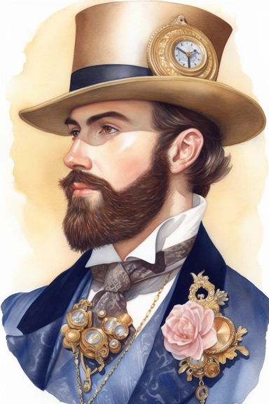 a realistic watercolor forward-facing portrait painting, of a very handsome, vintage steampunk man, with a beard, ultra-realistic skin, sweaty skin, blushed cheeks, ultra-realistic shiny hair, wearing a top hat with cogs, pocket watch, and roses, in the style of white, and bright shiny gold, on a white background, multi-layered shading, depth of shading, charming character illustrations, UHD, sketchfab, colorful costumes, detailed features, perfectly formed, glistening, wires, emitting diodes, k